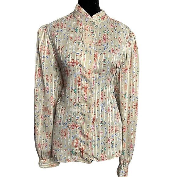 Linea V Button Up Shirt Women's 14 Multicolor Floral Print VTG Secretary Sheer - Picture 1 of 9